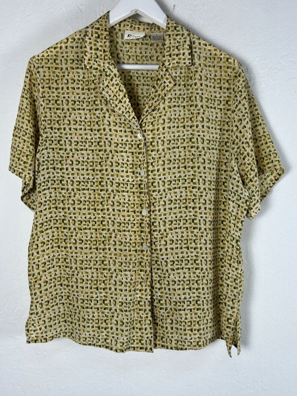 Riva Silk Women Button-Down Short Sleeve Shirt Large Green Yellow Abstract Print